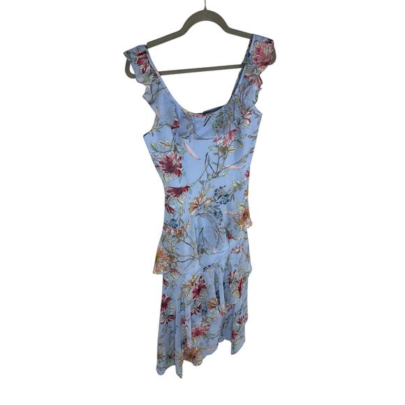 BCBGMAXAZRIA Asymmetric Midi Dress Tiered Ruffle Floral Party Garden Hoco Blue 2 - Picture 3 of 10